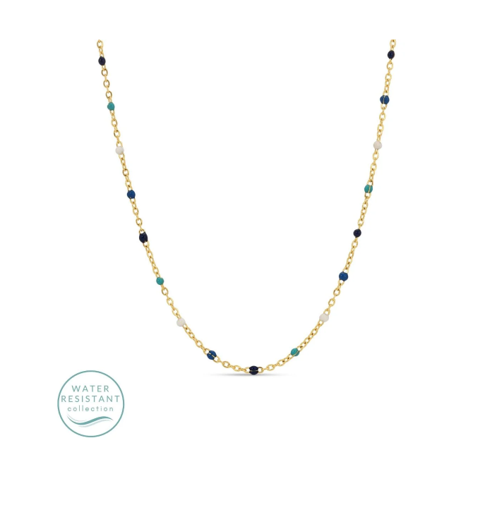 Necklace with gold chain and multicolored beads on a white background