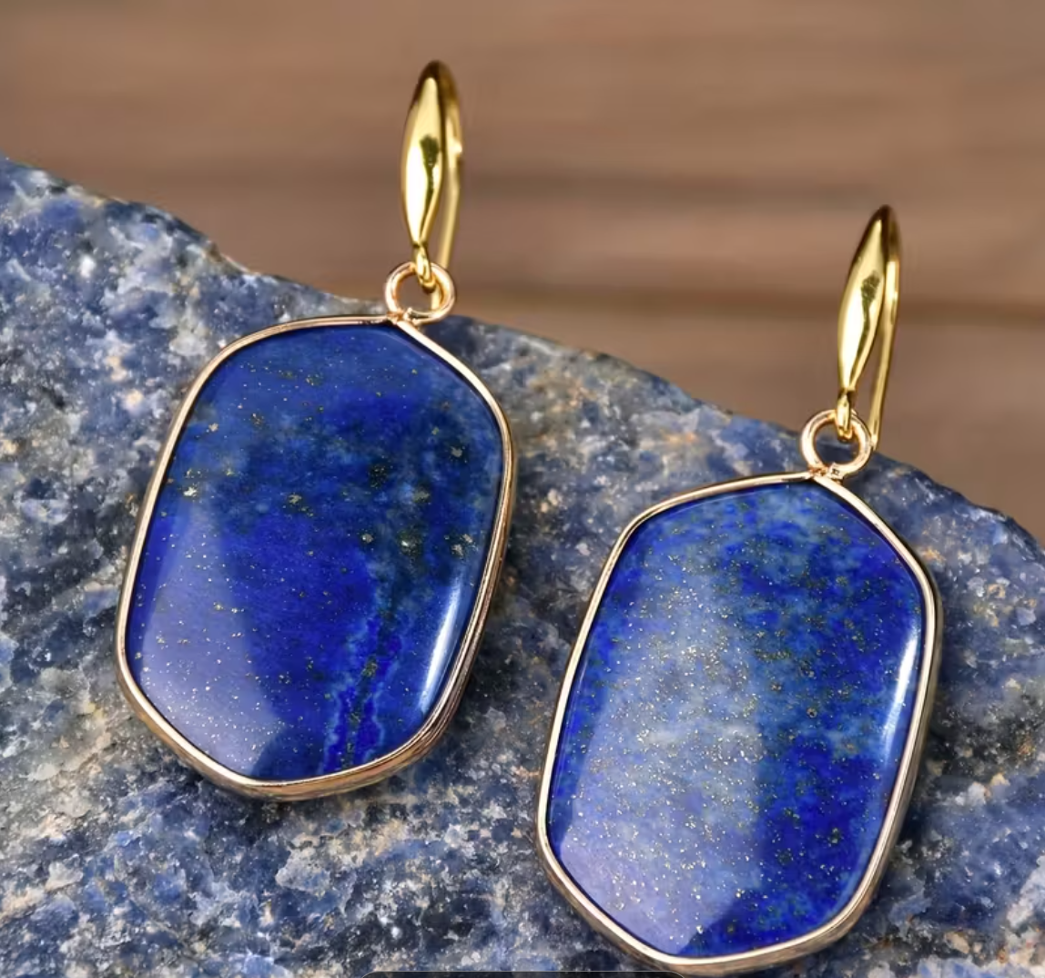 Lapis Lazuli Stone Drop Earrings in Blue - close up on stone