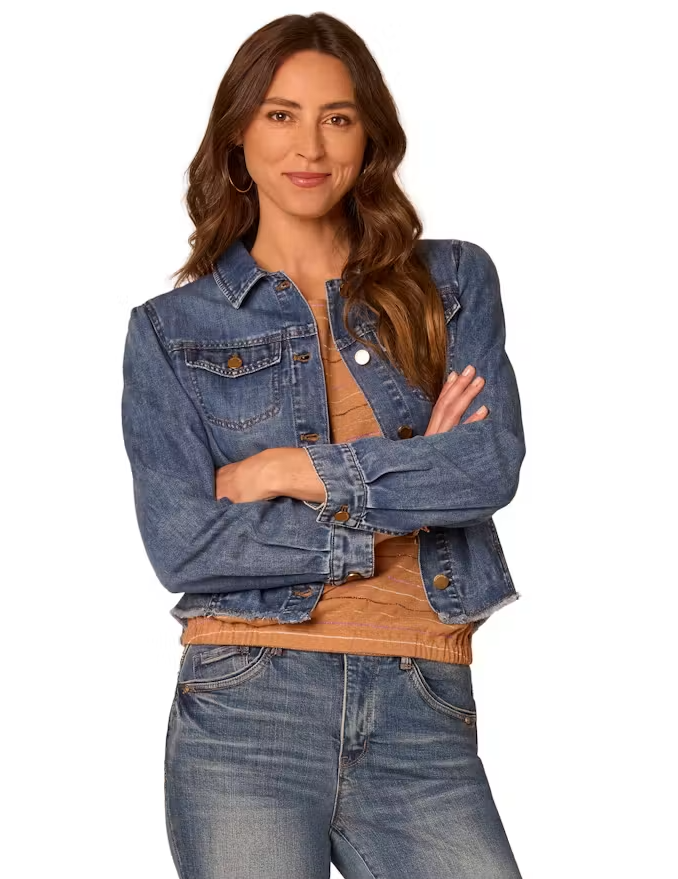 Puff-Sleeve Button-Up Jacket with Frayed Hem by Democracy in Mid Blue - side view
