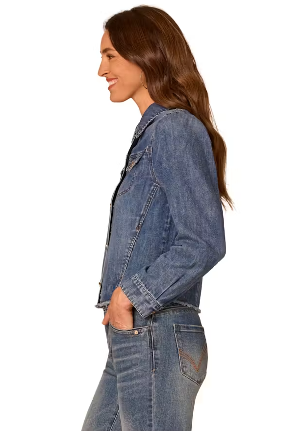 Puff-Sleeve Button-Up Jacket with Frayed Hem by Democracy in Mid Blue - front view