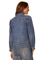 Puff-Sleeve Button-Up Jacket with Frayed Hem by Democracy in Mid Blue - back view