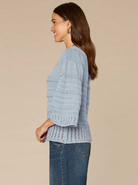 Bell-Sleeve Scallop-Edge Stitch-Mix Sweater by Democracy in Nile Blue - back view