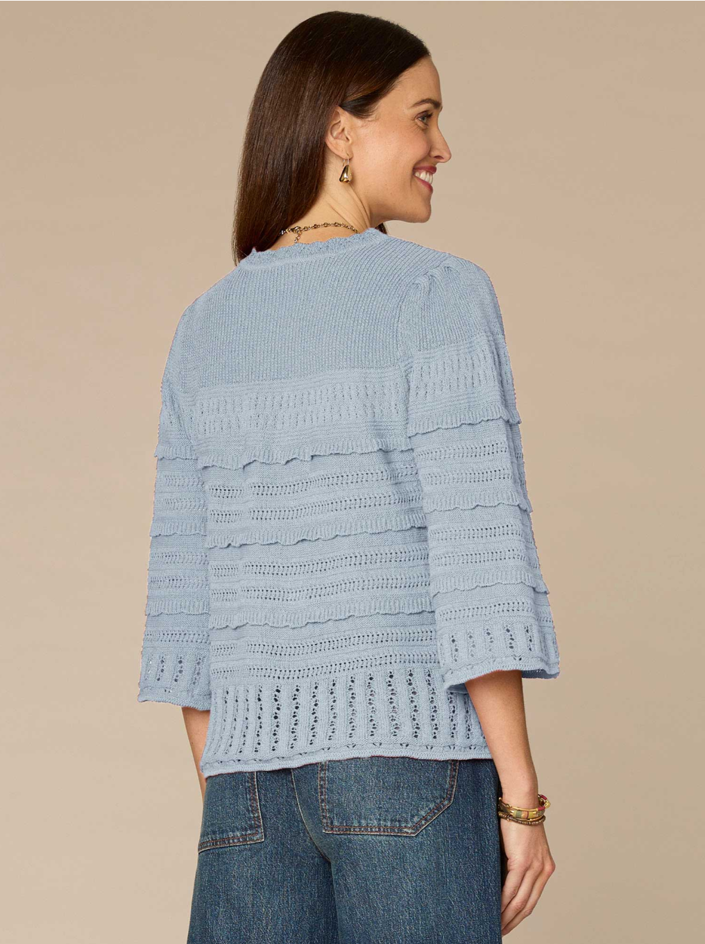 Bell-Sleeve Scallop-Edge Stitch-Mix Sweater by Democracy in Nile Blue - front view