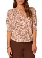 Printed Smocked Mandarin-Collar Knit Top by Democracy in Ecru/Oxblood Multi - front view