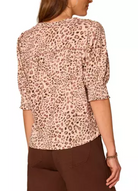 Printed Smocked Mandarin-Collar Knit Top by Democracy in Ecru/Oxblood Multi - back view