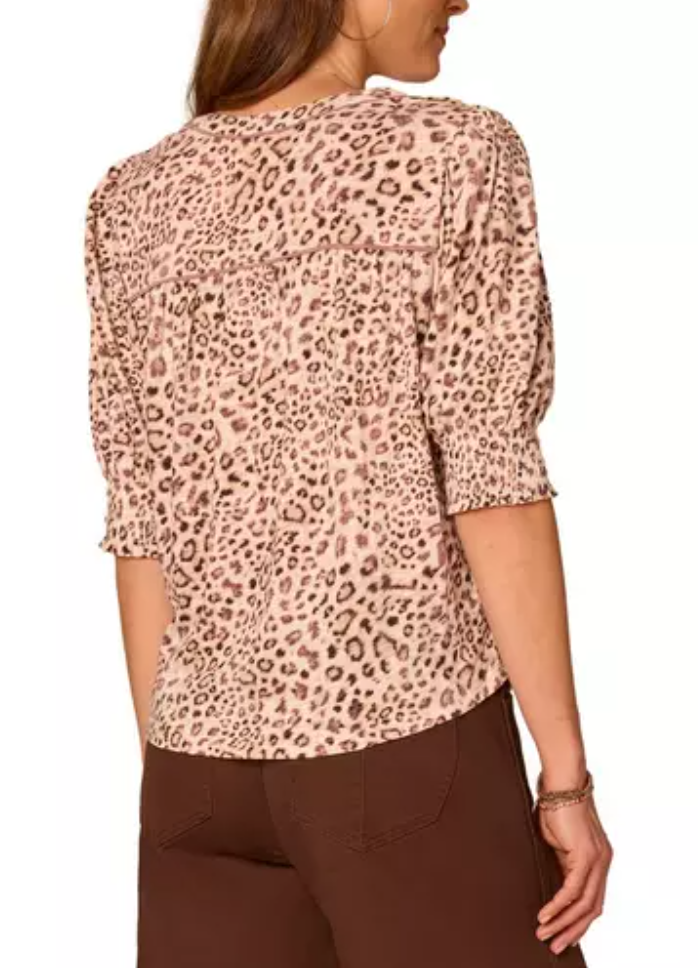 Printed Smocked Mandarin-Collar Knit Top by Democracy in Ecru/Oxblood Multi - back view