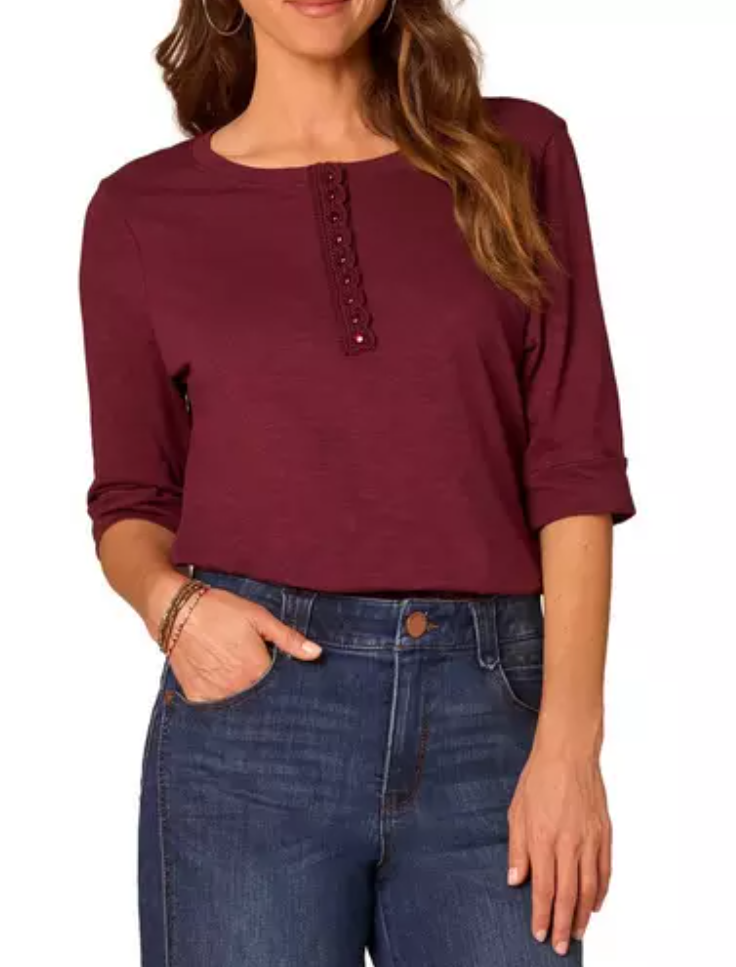 Democracy Crochet Henley Roll-Cuff Knit Top in Heather Oatmeal - front view