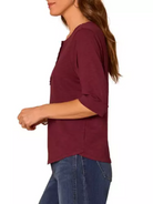 Democracy Crochet Henley Roll-Cuff Knit Top in Plum - side view