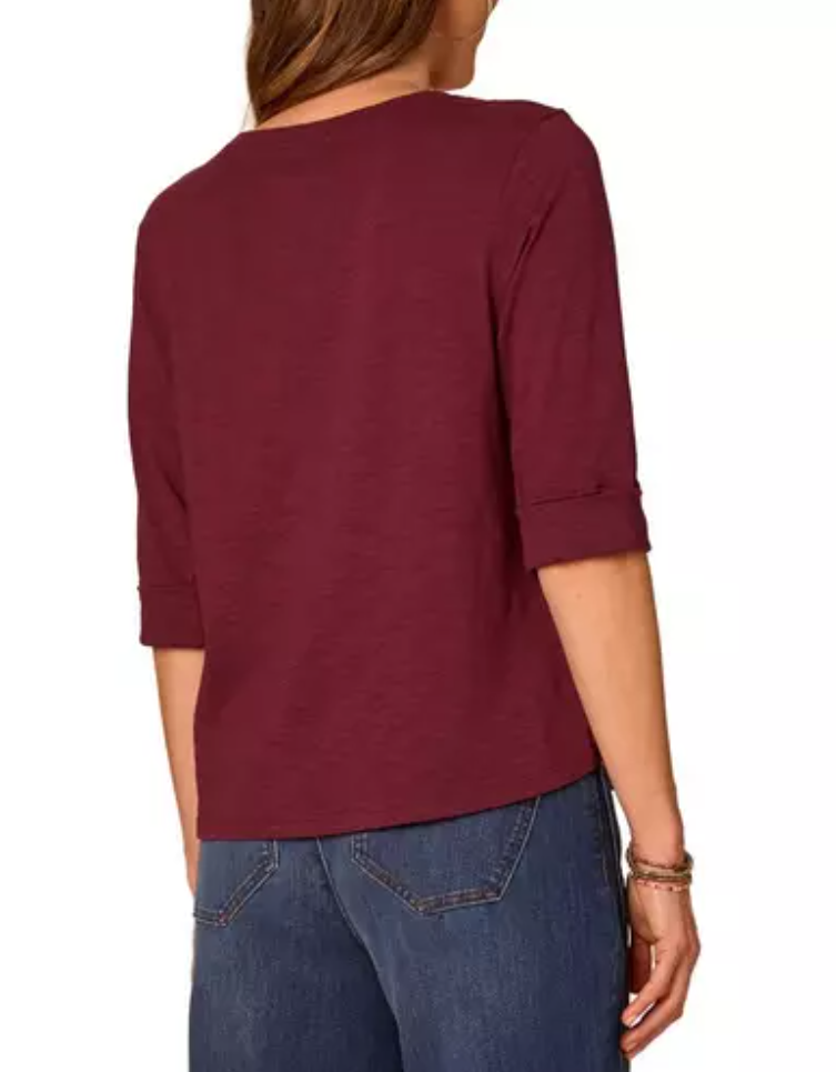 Democracy Crochet Henley Roll-Cuff Knit Top in Plum - back view