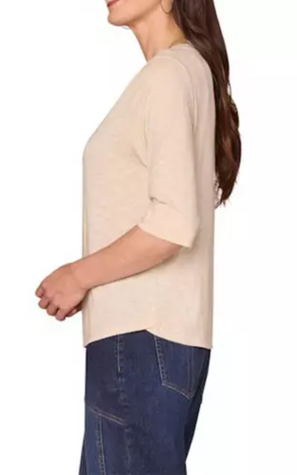 Democracy Crochet Henley Roll-Cuff Knit Top in Heather Oatmeal - back view