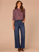 Democracy Embroidered Plaid Ruffle-Collar Woven Top in Plum/Nile Blue Multi - front view