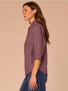 Democracy Embroidered Plaid Ruffle-Collar Woven Top in Plum/Nile Blue Multi - side view