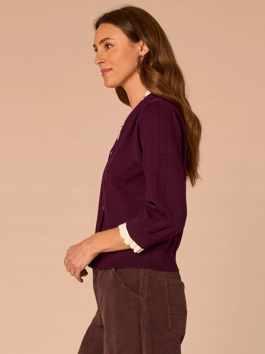 Democracy Double-Layer Scallop-Edge Button-Down Cardigan in Charcoal - back view