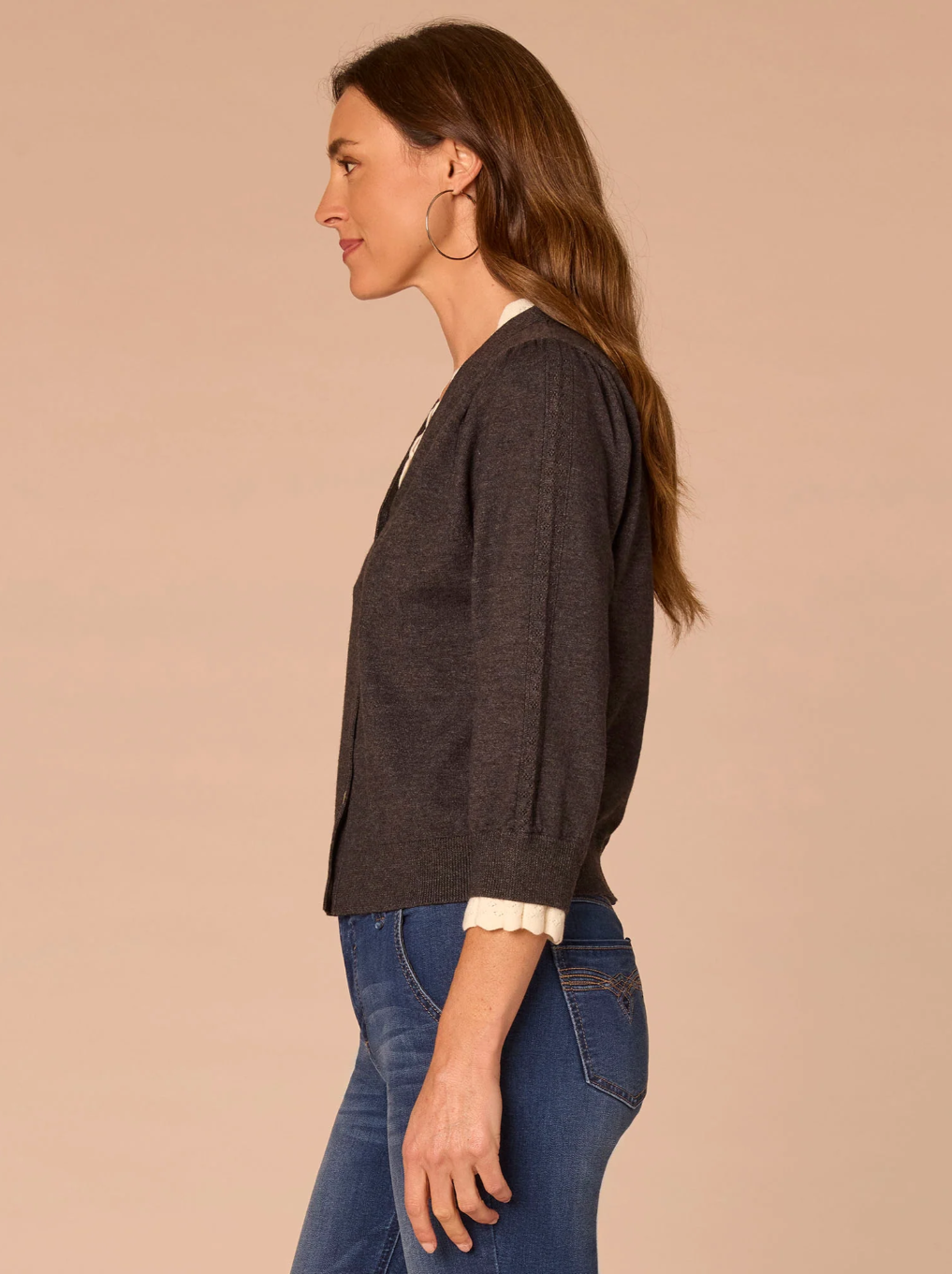 Democracy Double-Layer Scallop-Edge Button-Down Cardigan in Charcoal - front full length view