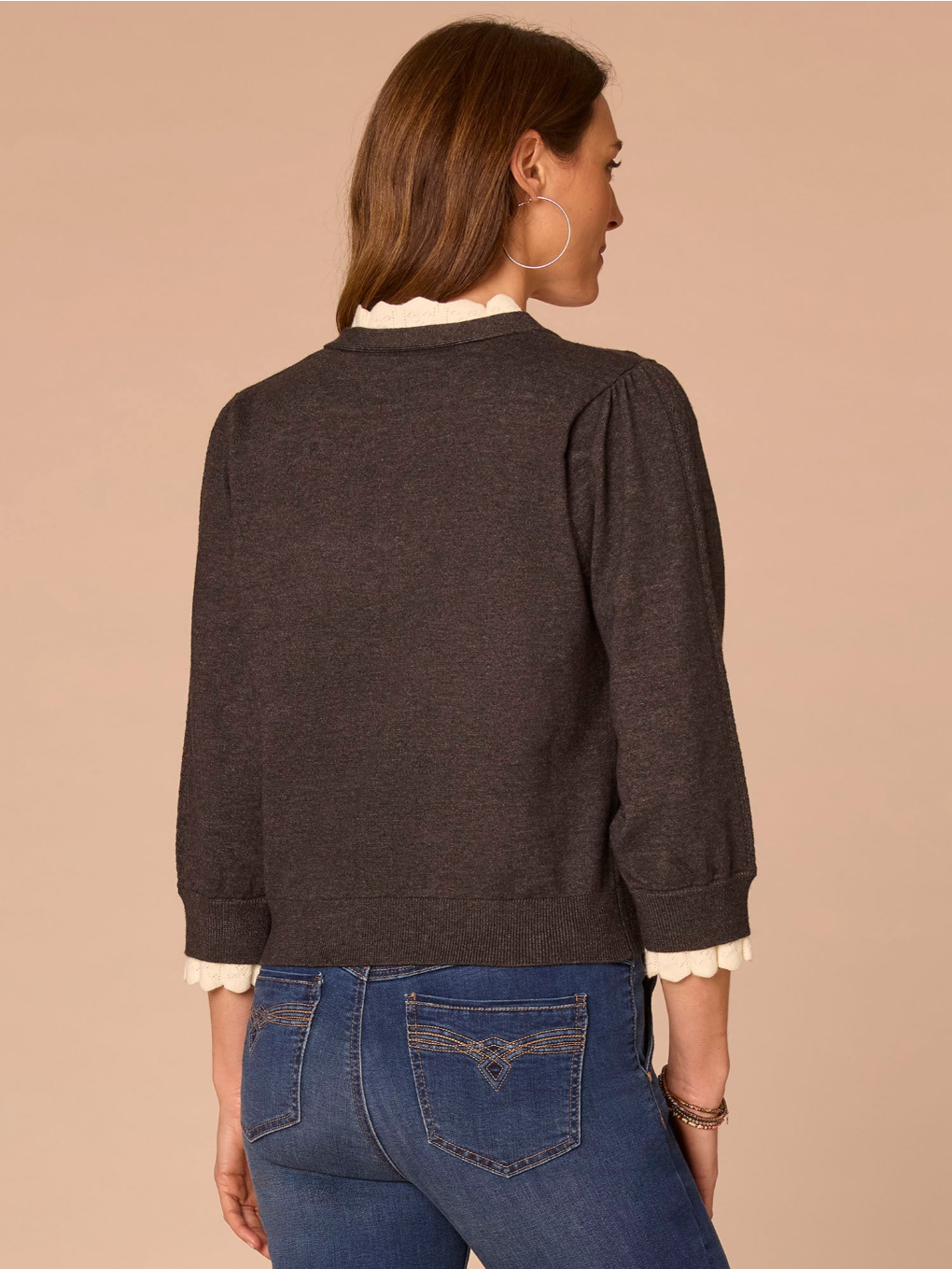 Democracy Double-Layer Scallop-Edge Button-Down Cardigan in Charcoal - front close-up view