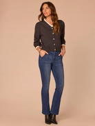 Democracy Double-Layer Scallop-Edge Button-Down Cardigan in Charcoal - lifestyle front view