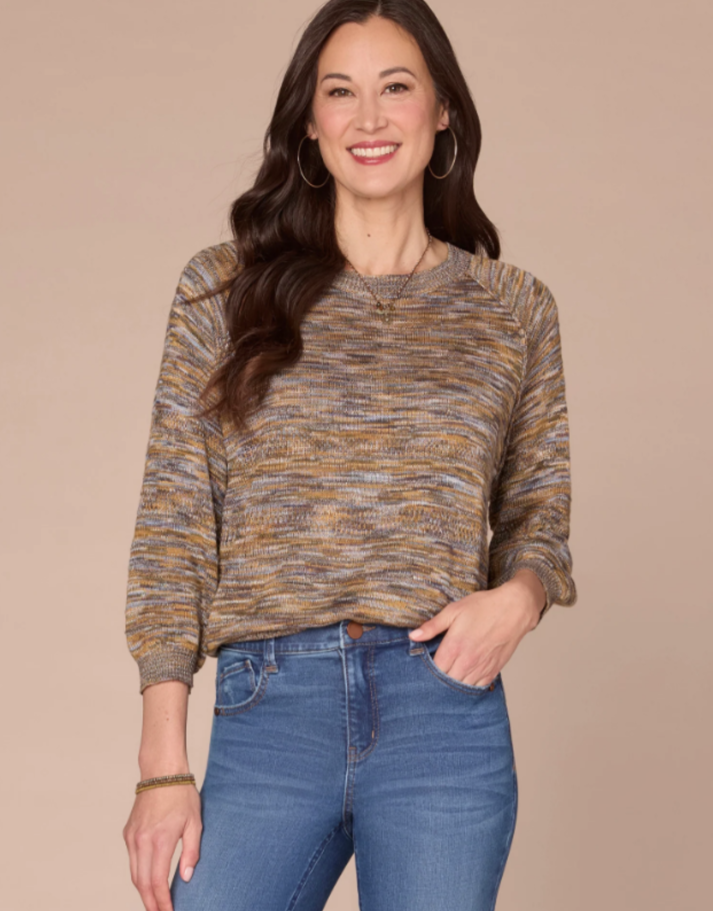 Democracy Blouson-Sleeve Space-Dye Sweater in Jewel Lavender Green Multi - front close-up view