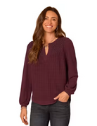 Side view of Democracy blouson top in Heather Fig Jam
