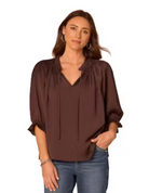 Side view of Honeycomb Embroidered Split Neck Blouse in brown