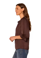 Front view of Honeycomb Embroidered Split Neck Blouse in brown