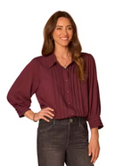 Side view of Scallop Trim Button Down Blouse in Fig Jam and black