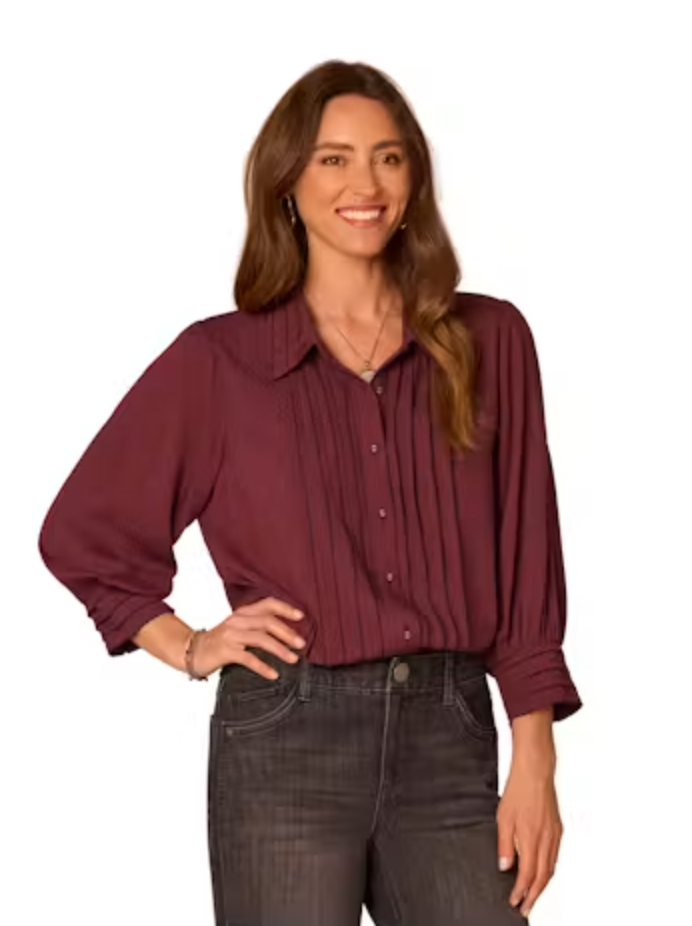 Side view of Scallop Trim Button Down Blouse in Fig Jam and black