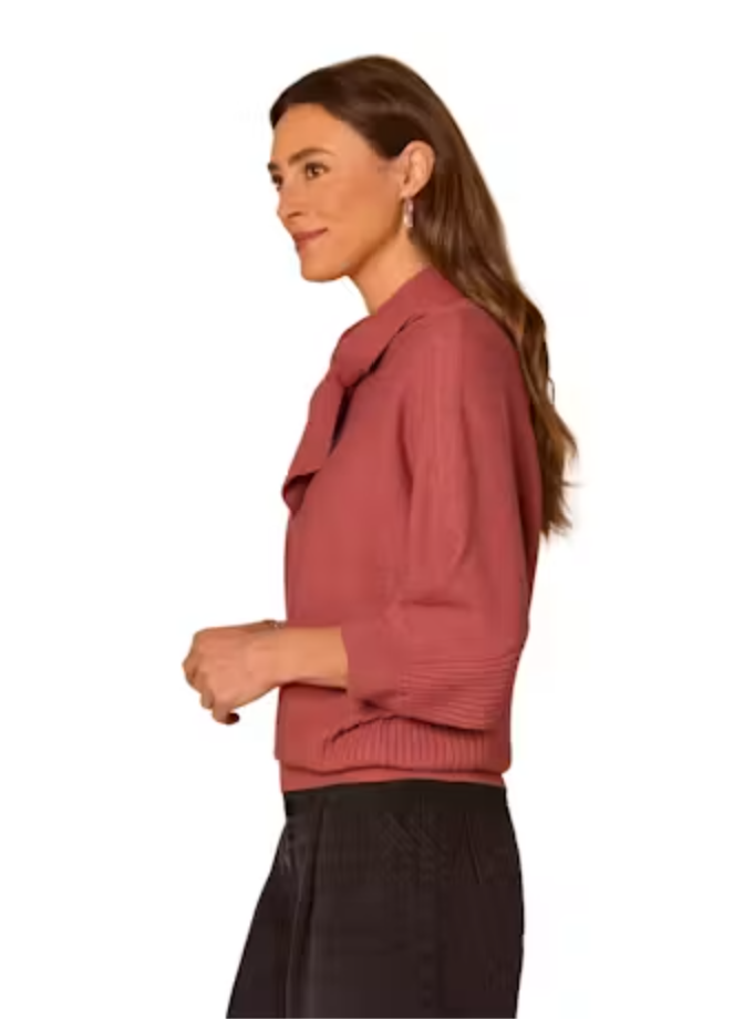 Side view of Tie Neck Dolman Sleeve Sweater in Rose Shadow