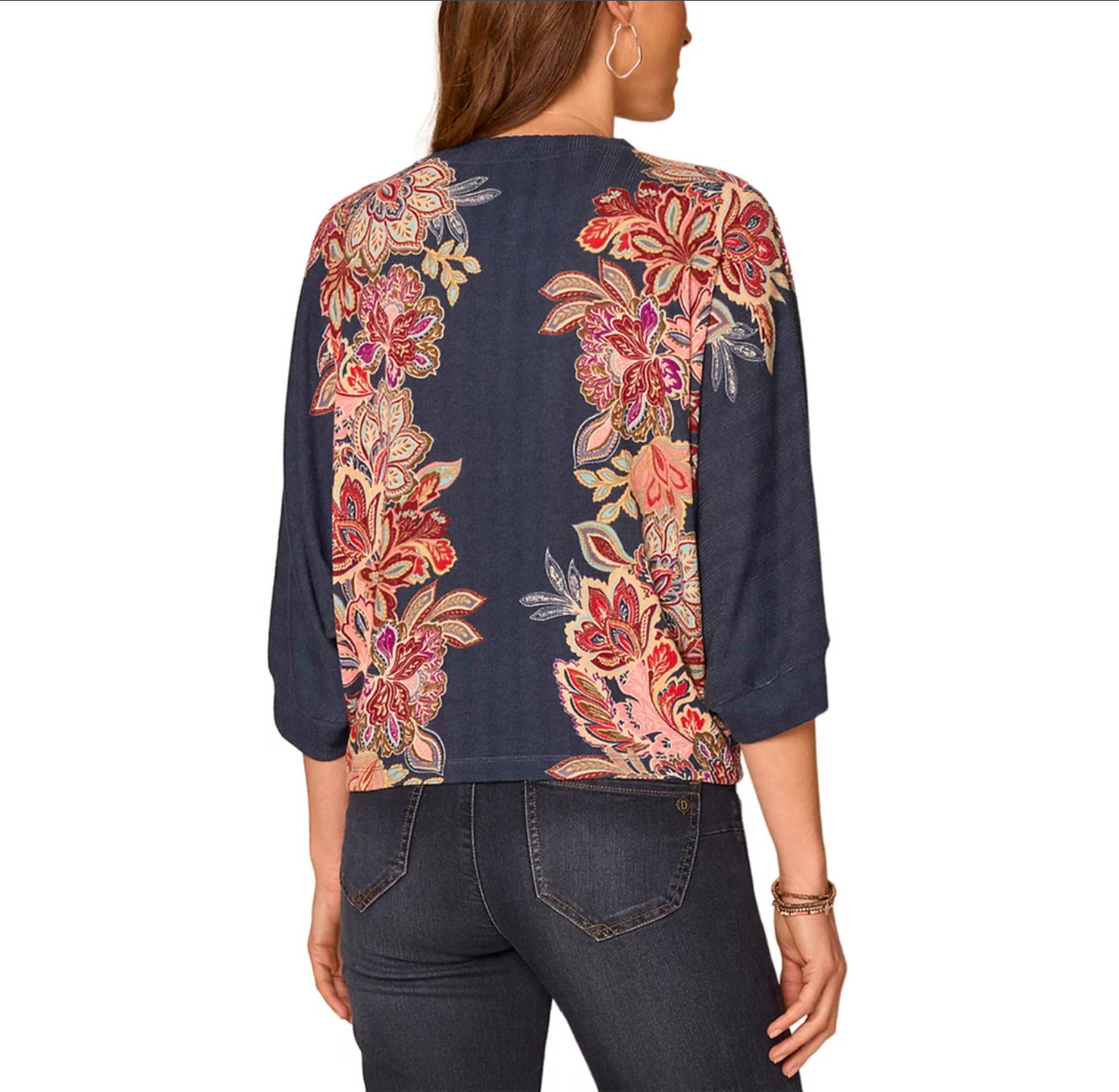 Side view of Scalloped Neck Floral Dolman Sweater in Navy/Rose Shadow Multi