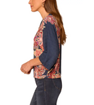 Back view of Scalloped Neck Floral Dolman Sweater in Navy/Rose Shadow Multi