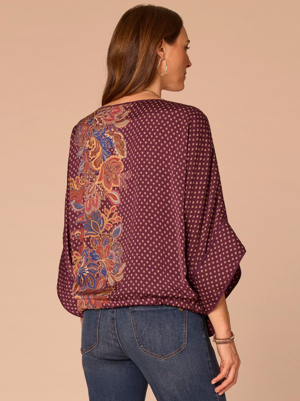 Side view of Fig Jam Multi dolman sleeve top