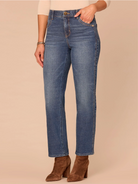 Back view of high-rise blue straight jeans