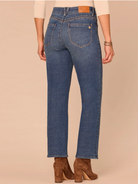 Side view showing double side seams on blue straight jeans