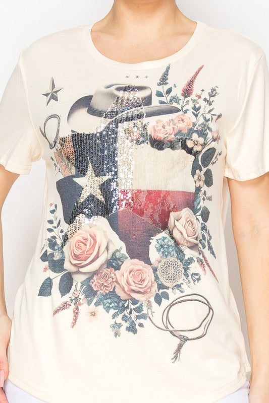 T-shirt with floral and flag design on a plain background