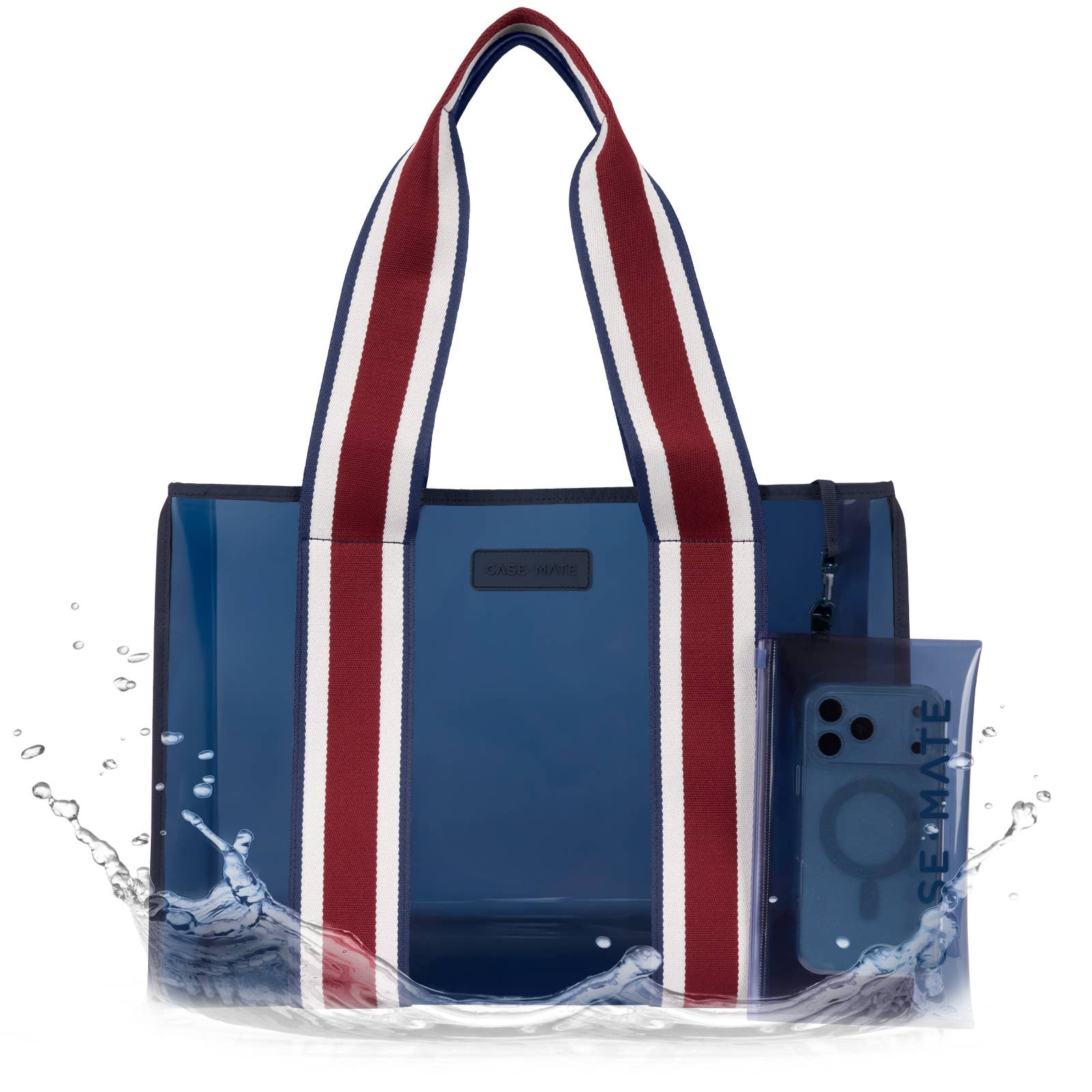 Blue tote bag with red and white stripes on a white background