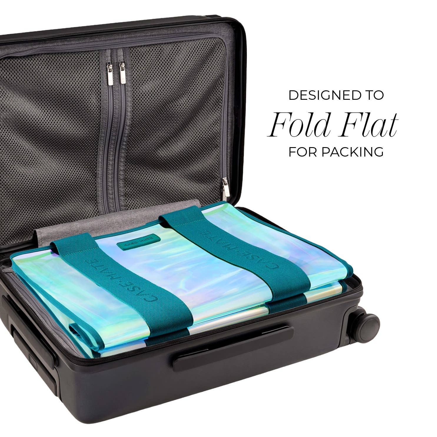 Compact packing cube with teal and gray design inside an open suitcase, labeled 'Designed to Fold Flat for Packing'.