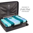 Compact packing cube with teal and gray design inside an open suitcase, labeled 'Designed to Fold Flat for Packing'.