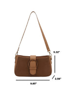 Brown handbag with measurements on a white background