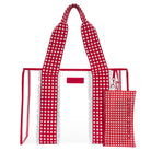 Red and white checkered tote bag with matching pouch on a white background