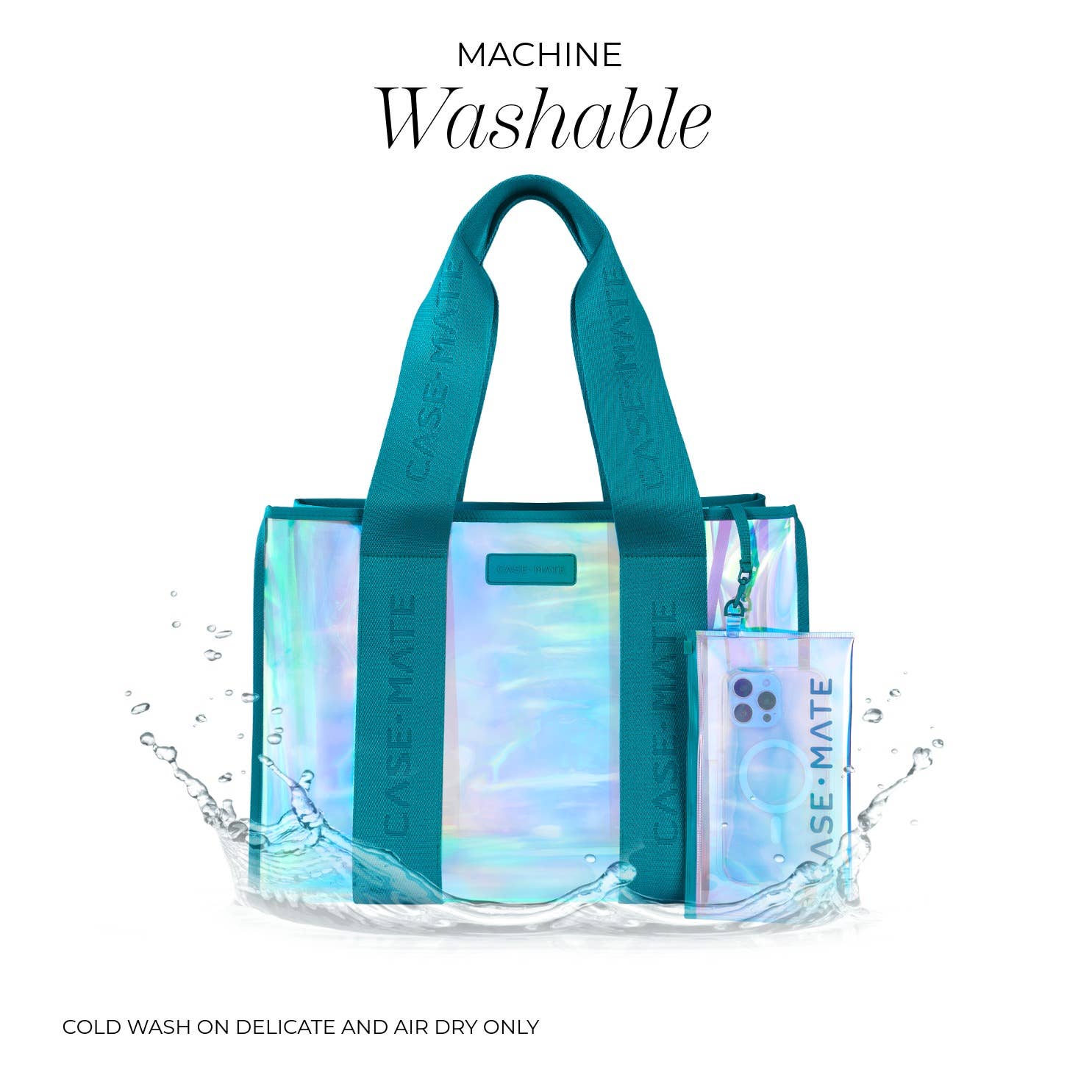 Teal tote bag with iridescent accents and a bottle of 'Cure-Mate' product on a white background.