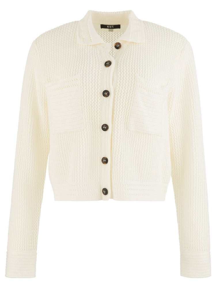 Cream ribbed knit cardigan with brown buttons on a white background