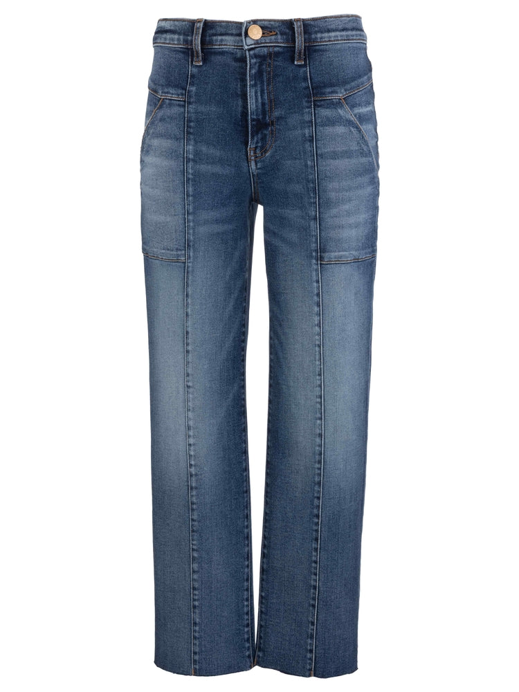 A pair of medium wash blue denim jeans with a straight-leg fit, featuring a button fly and contrast stitching, shown against a plain white background.