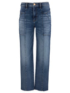 A pair of medium wash blue denim jeans with a straight-leg fit, featuring a button fly and contrast stitching, shown against a plain white background.
