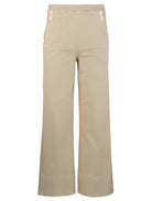 Beige wide-leg pants with button details on a white background