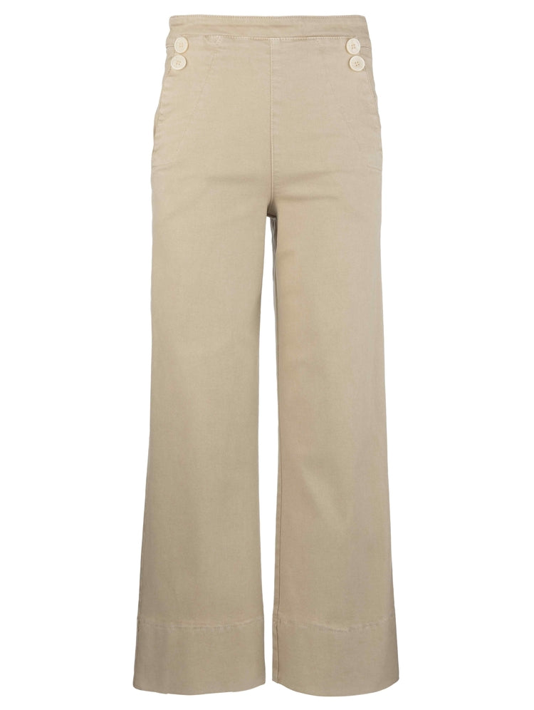 Beige wide-leg pants with button details on a white background