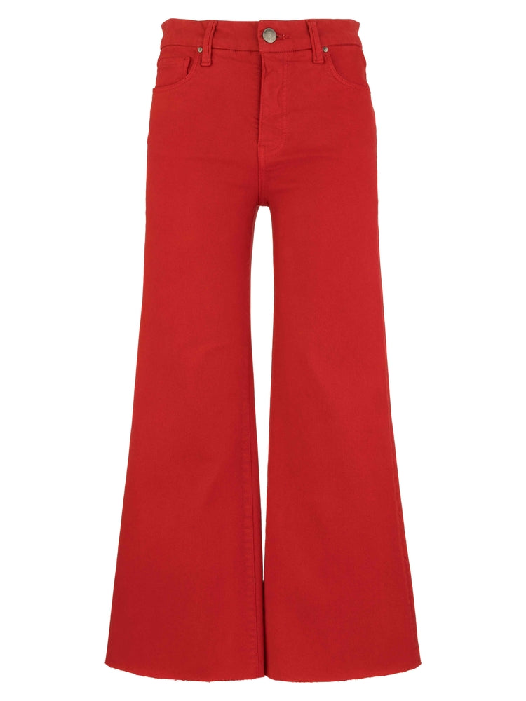 Red flared jeans on a white background